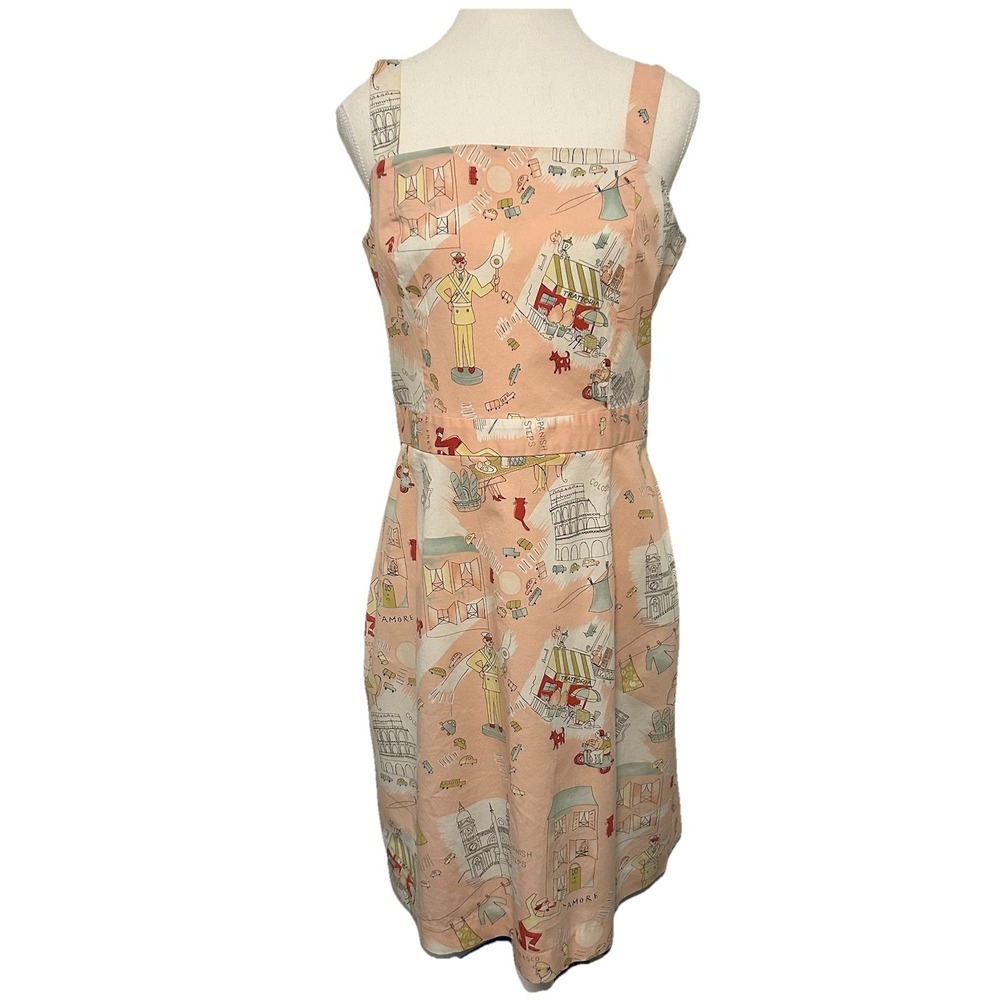 Tori Richard Rome Italy Novelty Print Sheath Dress Peach Cotton Blend Size 12 - Picture 2 of 8